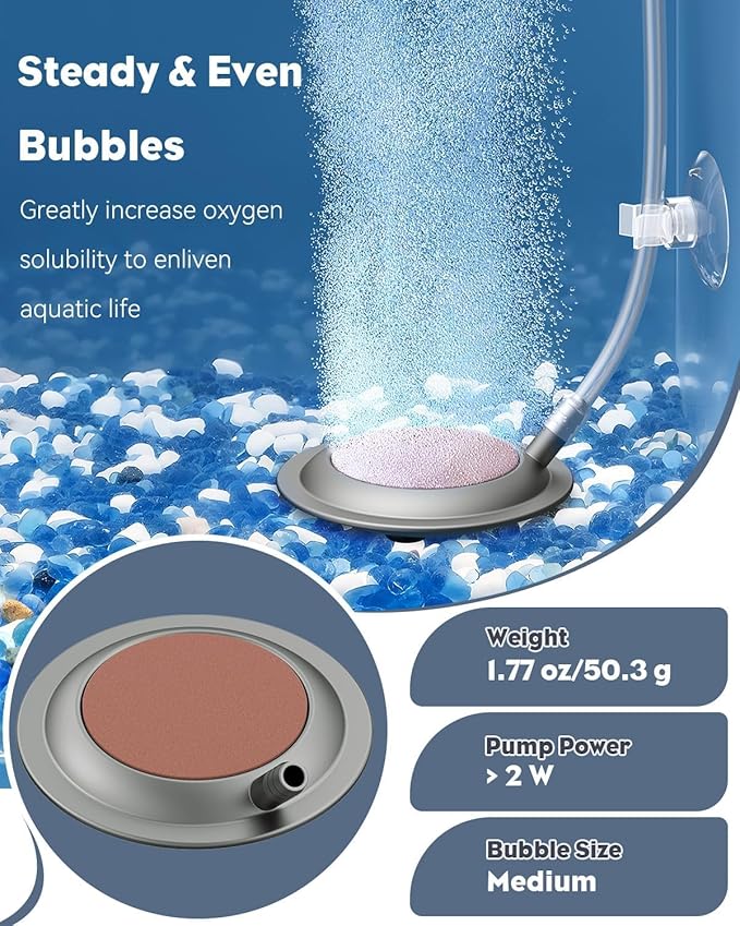 Pawfly Aquarium Air Stone, 2.7 Inch Air Stone Disc with Suction Cups, Bubbler Stone Diffuser Oxygen with Stainless Steel Base for Fish Tank, Buckets & Hydroponic (Pump and Tubing Not Included)