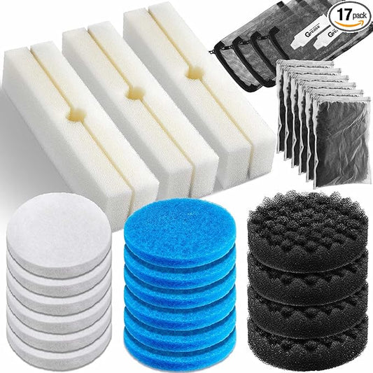 Threlaco 17 Pcs Filter Media Replacement Set Compatible with Fluval Fx4 Fx5 Fx6, Including Fine Filter Water Polishing Pads, Foam, Foam Block, Activated Carbon, Silicone Lube, Mesh Bags