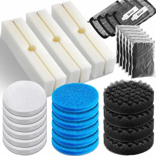 Threlaco 34 Pcs Aquarium Filter Media Kit Compatible with Fluval Fx2 Fx4 Fx5 Fx6, Including 6 Foam Block, 6 Packs Activated Carbon, 4 Mesh Bags, 10 Foam Pads, 6 Water Polishing Pads, 2 Silicone Lube