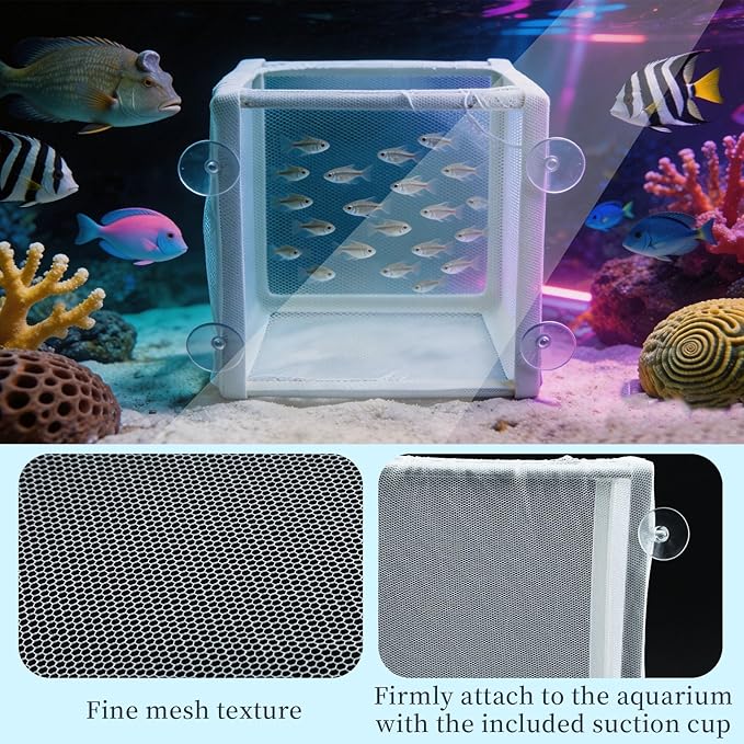 MY MIRONEY 6.3" x 5.63" x 6.22" Fish Incubator Mesh Box Aquarium Breeder Box White Nylon Mesh Juvenile Fish Separation Net Fry Hatchery with Suction Cups Pack of 2