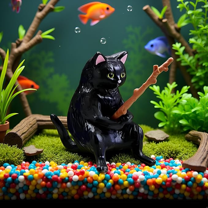 1pc Black Landscaping Cartoon Fishing Cat Ornaments,Household Supplies Home Office Decorations,Cute Fishing Cat Figurine Ornaments Aquarium Fish Tank Decor,Aquarium Accessories