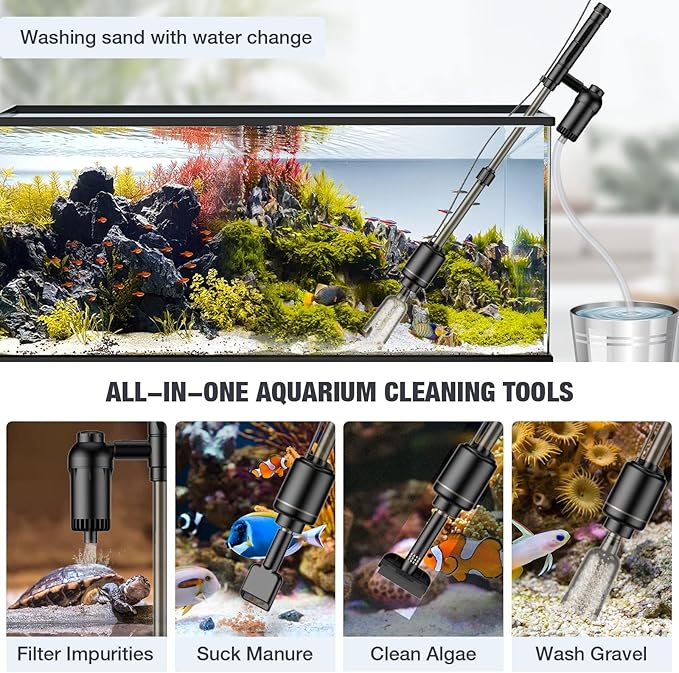 AKKEE Aquarium Vacuum Gravel Cleaner, 18W Electric Fish Tank Cleaner Vacuum, 6 in 1 Multifunctional Aquarium Cleaner for Automatic Water Change, Wash Sand, Water Circulation and Timed Off