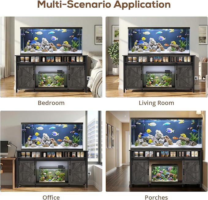 VOWNER 75-120 Gallon Fish Tank Stand with Power Outlet, Farmhouse Aquarium Stand with Storage Cabinet & Sliding Barn Doors, Heavy Duty Reptile Tank Stand, for 2 Tanks, 1000LBS Capacity, Grey