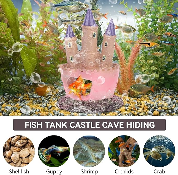HERCHR Castle Aquarium Decoration, Fish Tanks Ornament Resin Castle Cave Hideouts House Plants Supplies Accessories Safe for Freshwater and Saltwater Fish Tanks(Pink)
