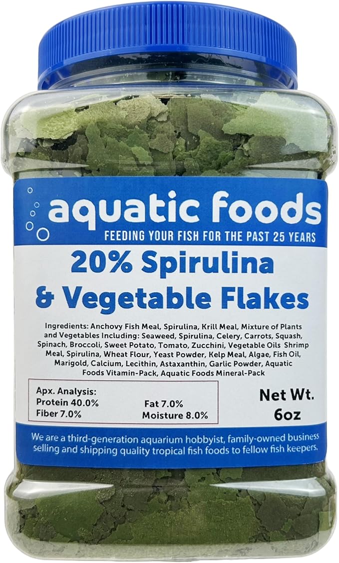 Vegetable & 20% Spirulina Plus Enhanced Premium Flakes. Aquatic Foods Premiun Flakes…6oz Med Jar