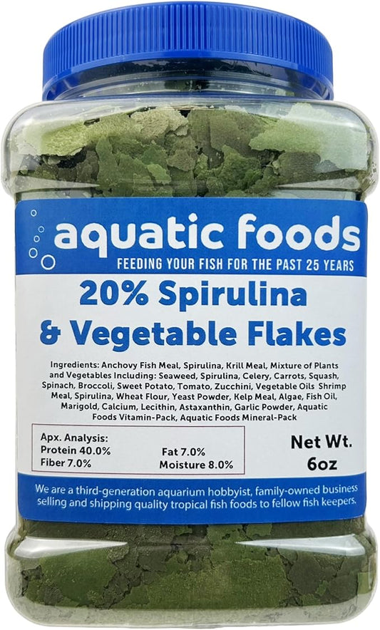 Vegetable & 20% Spirulina Plus Enhanced Premium Flakes. Aquatic Foods Premiun Flakes…6oz Med Jar