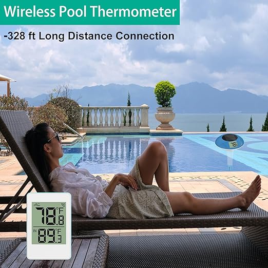 Wireless Pool Thermometer, Digital Pool Thermometer Floating Easy Read–IPX8 Waterproof Solar Temperature Gauge for Pond, 328 Feet Long Connection