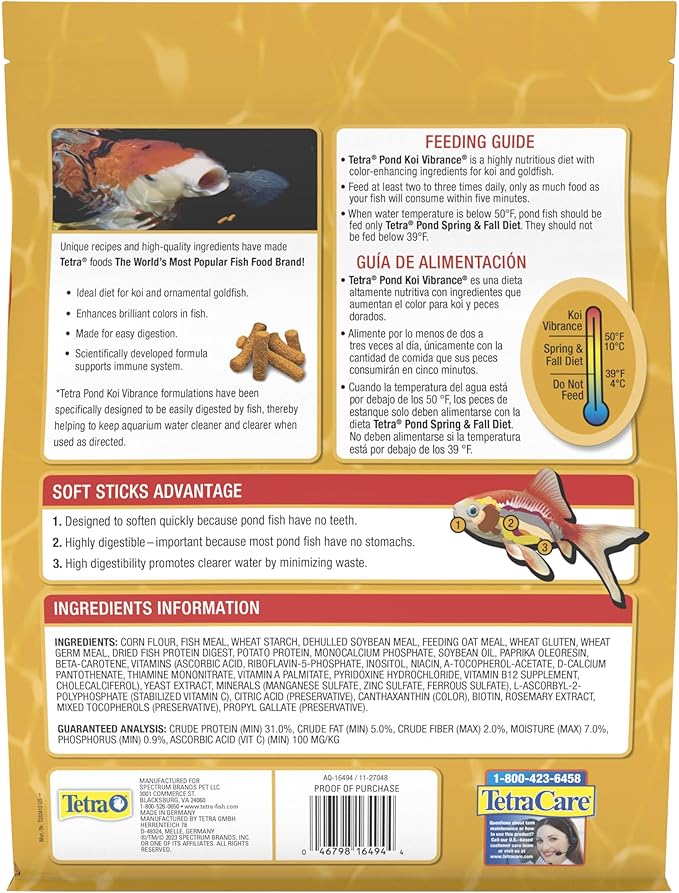 TetraPond Koi Vibrance 1.43 Pounds, Soft Sticks, Floating Pond Food