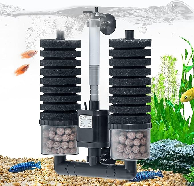 Aquarium Sponge Filter 15-55 Gallon Fish Tank Filter, Electric Power Double Sponge Filter, Quiet Small Low Flow Foam Filter For Fish Tank Betta Shrimp, Intake Dual Sponge Filter Kit w/ Bio Balls &Pump