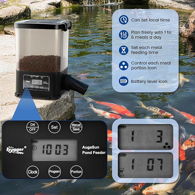 hygger 5L Solar Rechargeable Fish Feeder, Waterproof Pond Fish Food Dispenser for Outdoor Koi, Auto Timer Aquarium Feeder with LCD Display Adjustable Feeding Time Quantity Portion