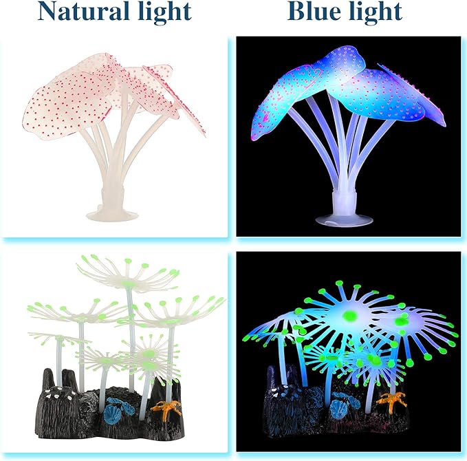 Weewooday 57 Pieces Glowing Fish Tank Decorations Plants with Simulation Silicone Coral Glowing Jellyfish Lotus Leaf Changeable Green Sea Anemone Luminous Stones for Aquarium Fish Tank Ornament