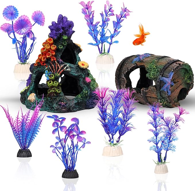Betta Fish Tank Decor Accessories, Colorful Coral Reef Aquarium Decor Set with Coral Mountain Hideout, Starfish Bucket and 6 Aquatic Plants, Fish Aquarium Decor for Beta Fish Aquariums and Betta Fish