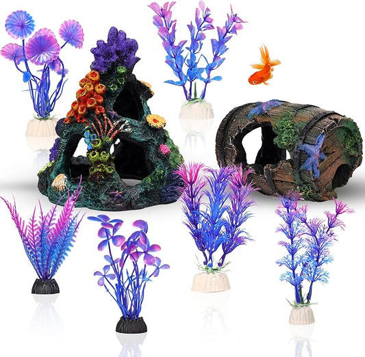 Betta Fish Tank Decor Accessories, Colorful Coral Reef Aquarium Decor Set with Coral Mountain Hideout, Starfish Bucket and 6 Aquatic Plants, Fish Aquarium Decor for Beta Fish Aquariums and Betta Fish