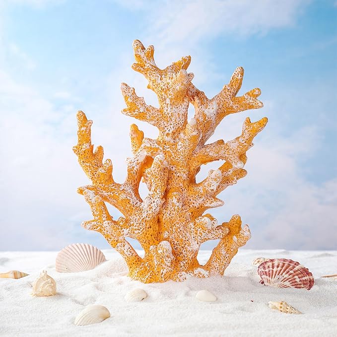 Artificial Coastal Dorm Fish Aquarium Coral Ornament Decor Realistic Aquatic Plant Marine Themed Gifts for Beach Coastal, Living Room, Bathroom- Yellow