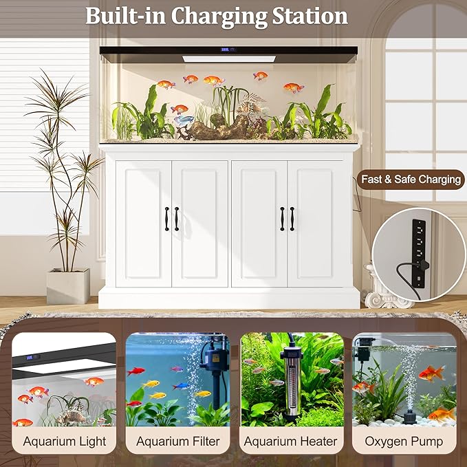 55-75 Gallon Fish Tank Stand, Modern Wooden Aquarium Stands with Power Outlet and 4 Cabinets, Heavy Duty Reptile/Turtle/Terrarium Tank Stand for Home, Office, Shopping Mall, 880LBS Capacity, White
