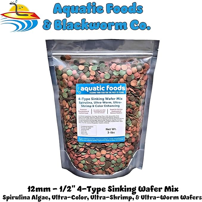 4-Type Mix of 12mm-1/2" Sinking Wafers: Spirulina-Algae & Color Enhancing for Shrimp, Snails, All Tropical Fish - 3-lb Bag