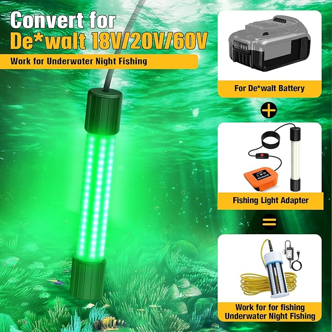 Underwater Fishing Green Light Compatible with DeWalt 20V Battery,1300 Lumens, LED Light for IP68 Waterproof Submersible Fish Lighting Attractants for Night Fishing, Docks, Boats, Kayaks(No Battery)