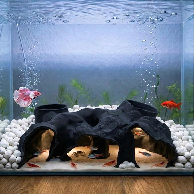 Large Aquarium Tunnel & Cave (9.5" L), 3D Printed Substrate Viewer Fish Hideout with Wide Top Entrances, Tank Decor for Small Fish, Corydoras, Betta & Shrimp - Set with 3 Mini Accessories(Black)