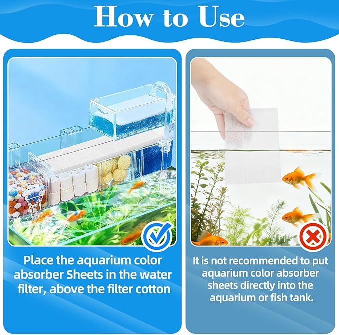 100PCS Aquarium Filter Pad Color Absorbing Sheets - Aquarium Filter Media Remove Driftwood Tannins, Remove Yellow Water, Filter Floss Pond Filter Media for Aquarium, Freshwater and Saltwater