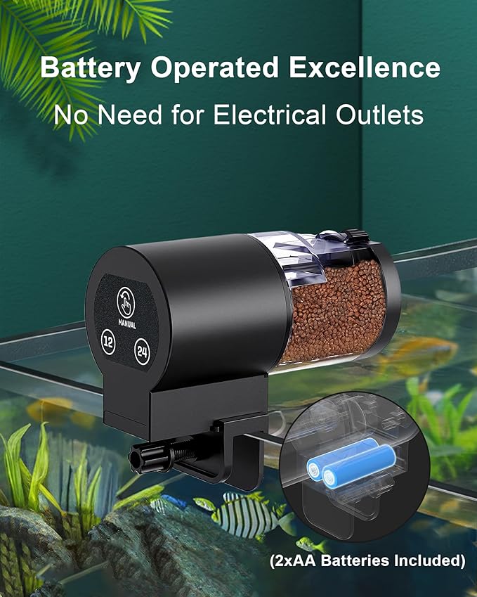 Automatic Fish Feeder for Aquarium, Helps Keep Fish Fed While You’re Away, Large 100ml Capacity with Adjustable Feeding Timer, Battery Operated Auto Feeder for Flakes and Pellets (Black)