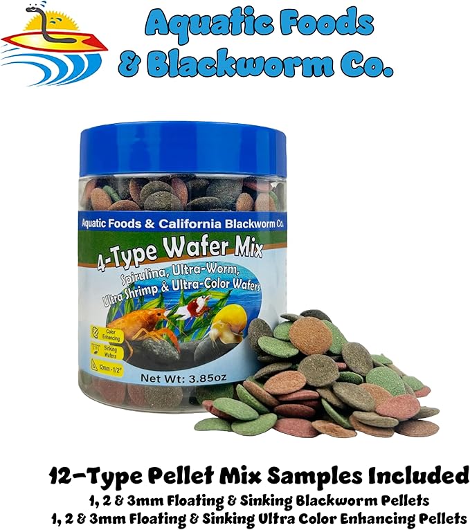4-Type 12mm - 1/2" Sinking Wafer Mix of Spirulina-Algae, Ultra-Worm, Shrimp, Color Enhancing for Shrimp, Snails, Crayfish, Bottom Fish, 12-Type Pellets Included 6.0oz Canister