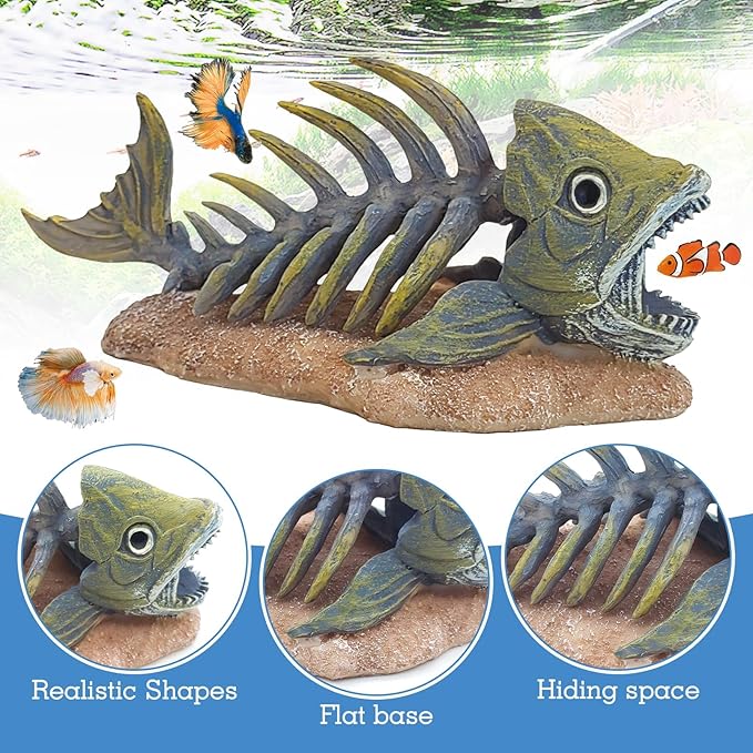 kathson Fish Tank Decorations Resin Piranha Skeleton Aquarium Decor Reptile Tank Accessories Ornament Fish Bone Hideout for Shrimp Lizards Geckos Spiders