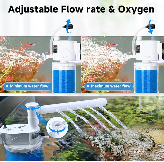 AQQA Submersible Aquarium Filter Whisper Fish Tank Filters Adjustable Internal Power Filter for 50-100 Gallon Water Filtration/Circulation/Oxygenation (15W，260GPH)