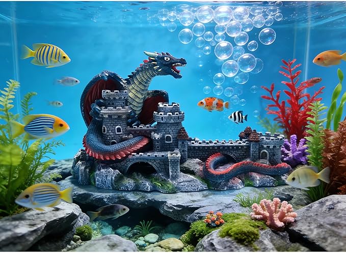 Dragon Castle Aquarium Ornament, Resin Large Fish Tank Decoration with Hiding Caves for Betta, Tropical Fish & Reptiles, Medieval Fantasy Underwater Landscape Decor-10.6 inches in Length