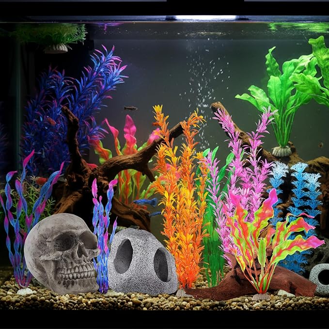 Jexine 18 Pcs Fish Tank Decorations Aquarium Decor Reptile Tank Accessories Set Include 10 Artificial Plastic Plants 3 Natural Driftwood 3 Rock Cave Decoration 2 Aquarium Skull