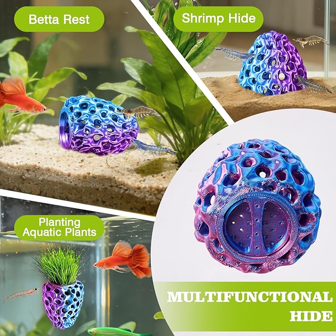 Shrimp Dome Hide, Shrimp Hides for Aquarium, Betta Fish Hideout with Suction Cup, Betta Habitat Tank Ornament Accessories, Aquarium Decor for Small Fish Guppy Hiding Resting (Lid Blue Red)