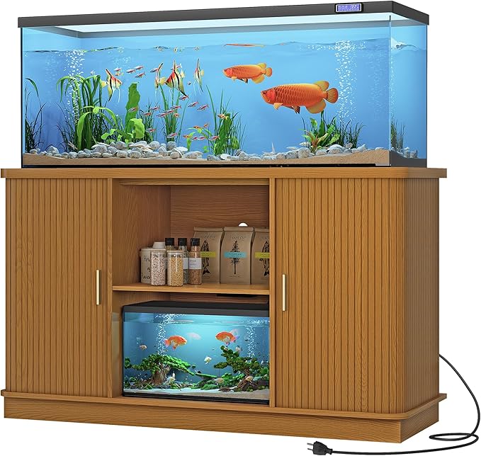 Fish Tank Stand, 75 Gallon Tank Stand with Sliding Cabinet Door, Heavy Duty Aquarium Stand with Power Outlet for Turtle Tank, Reptile Terrarium, 1000LBS Capacity (Yellow Walnut)