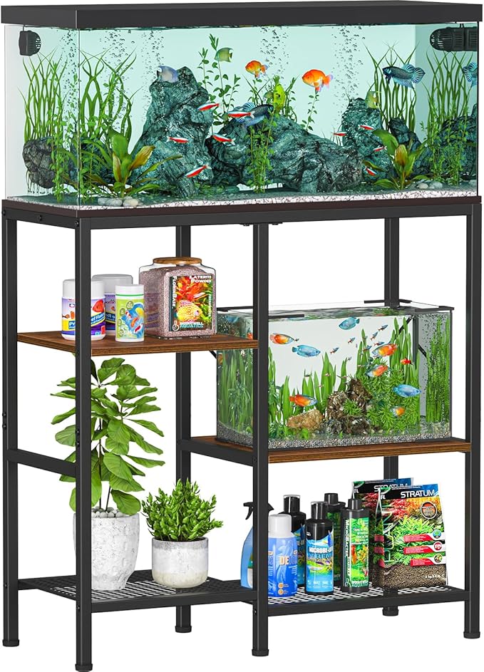 Snughome 30 Gallon Aquarium Stand, Fish Tank Stand with Shelf for Storage, 3 Tier Heavy Metal Frame Fish Tank Stand, 30 Gallon Aquarium Stand for Home Office, 30.31" x 12.01" x 30.31", Rustic Brown