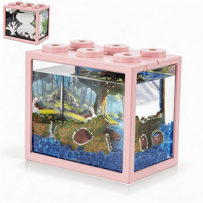 Small Betta Fish Tank, Mini Sea Monkey Tank Aquarium Kit with Gravel & Background Resin Decor, 0.6 Gallon Stackable Tabletop Fish Bowl Accessories for Shrimp Seaweed Ball (Pink)