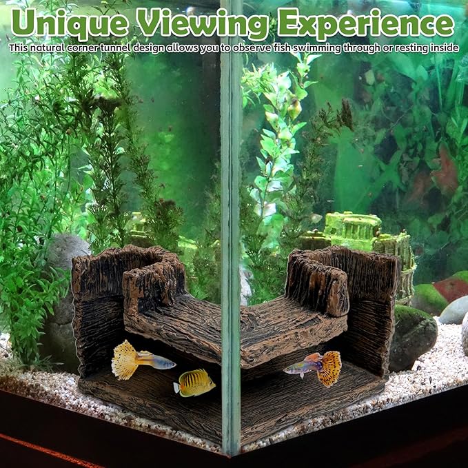 kathson Aquarium Hideaway Cave Underground Tunnel Hideout Resin Rock Dual Hole Hideout for Corners View Fish in Aquarium Decoration with 2PCS Plastic Aquatic Plants for Betta Shrimp Guppy Hide