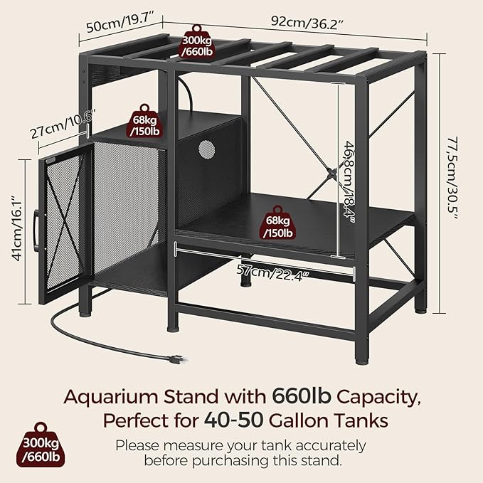 MAHANCRIS 40-50 Gallon Fish Tank Stand, Aquarium Stand with Power Outlet and Storage Cabinet, Heavy Duty Tank Stand Suitable for Turtle Tank, Reptile Terrarium, for Home Office, Black FTBK50E01