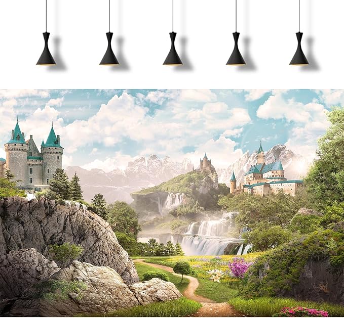 Mountain Waterfall Aquarium Background Rocky Mountains Cascading Falls Fish Tank Background Fantasy Castle Foggy Blue Sky Reptile Tank Backgrounds Meadow Flowers Reptile Enclosure Backgrounds 72x16in