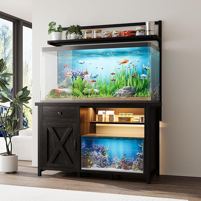 55-75 Gallon Fish Tank Stand with Power Outlet, Led Light, Heavy Duty Aquarium Stand with Cabinet for Fish Tank Accessories Storage, Shelf, for Turtle Tank, Reptile Terrarium, 1100 LBS (Oak)