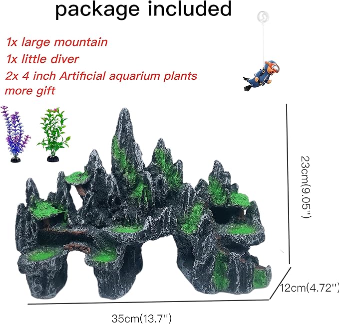 AWXZOM Extra Large Aquarium Decorations - Big Mountain View Ornaments, Come with 1 Little Diver and 2X 4inch Aquarium Plastic Plants