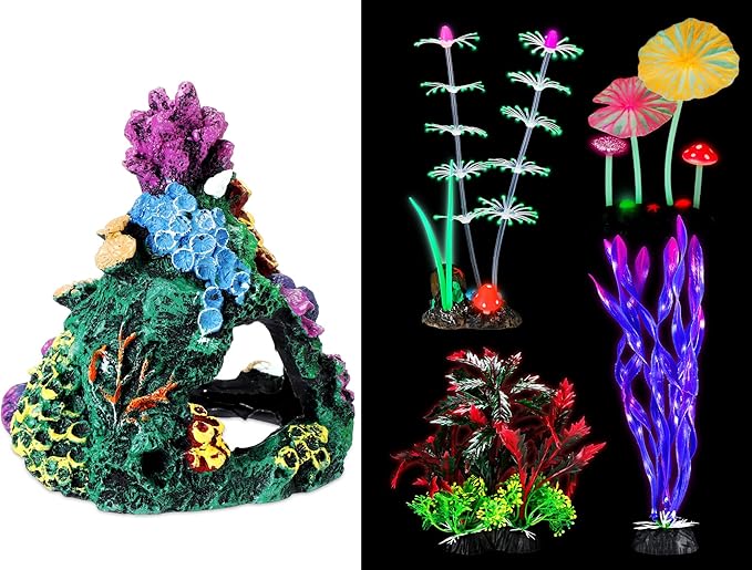 Halloscume 5 Pcs Fish Tank Decorations Glow in the Dark Betta Tank Decorations Fish Aquarium Accessories Ornaments Colorful Coral Reef Decor Set Include Coral Reef, Water Grass, Lotus Leaf and Kelp
