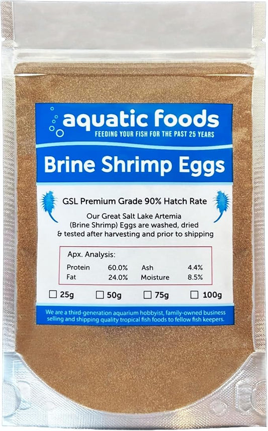 Brine Shrimp Eggs Premium Grade 90% Hatch Rate, Great Salt Lake Artemia Brine Shrimp Eggs. - 25 Grams - .88oz