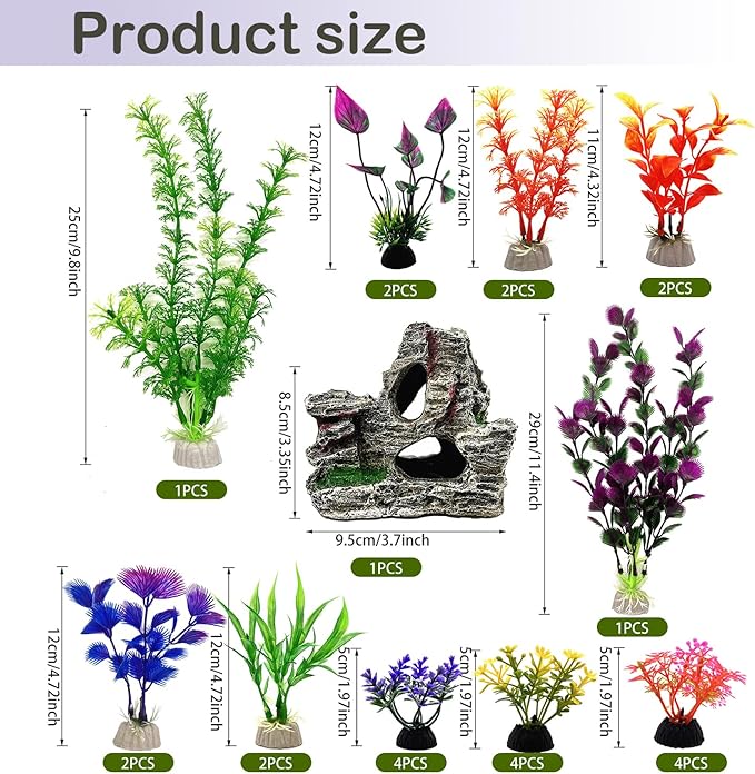SLOCME 25 PCS Aquarium Plants & Rock Cave Decorations Set – Colorful Fish Tank Plastic Plants Ornaments with Resin Rock Hideout, Realistic Aquarium Decor Accessories for Freshwater & Saltwater Tanks