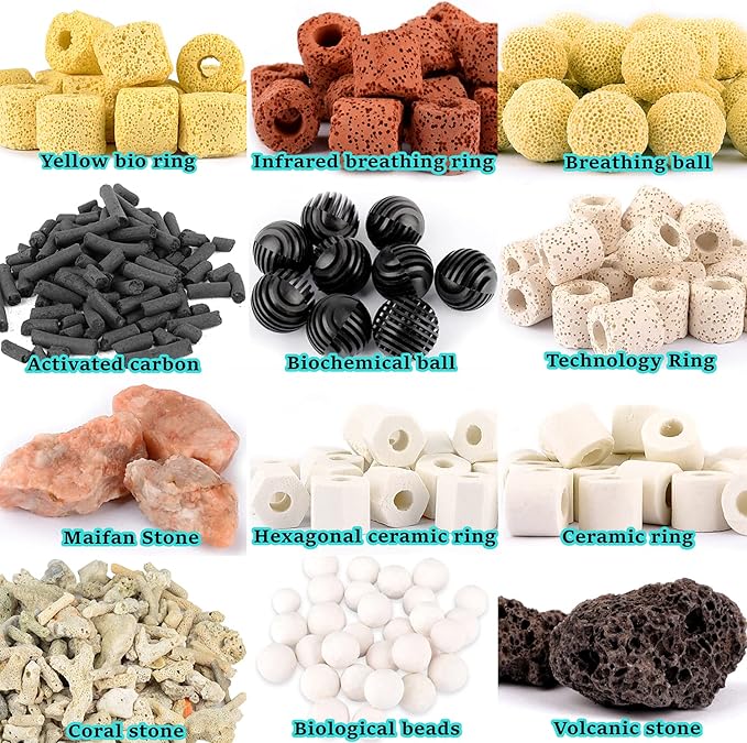 Aquarium Filter Media: 12-in-1 Bio Balls & Ceramic Rings Kit (1000g) for Fish Tank or Pond - Includes Zippered Mesh Bag
