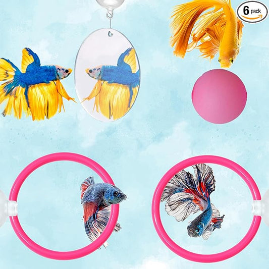 Betta Fish Enrichment Toys Ring with Mirror and Floating Ball, Exercise Mirrors and Training Ring, Floating Mirrors Aquarium with Feeding Rings, Betta Fish Tank Accessories (Pink+Mirror+Ball, 6.4cm)