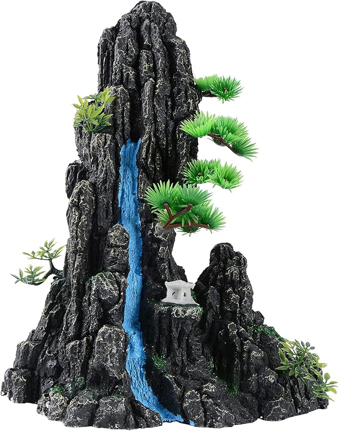 Large and Tall Fish Tank Decorations Aquarium L9.84x W6.14x H12.99inch, Resin Mountain View Aquarium Decor, Rock Thematic Ornaments with Tree & House for Betta Cichlid Goldfish Shrimp Playing Hiding