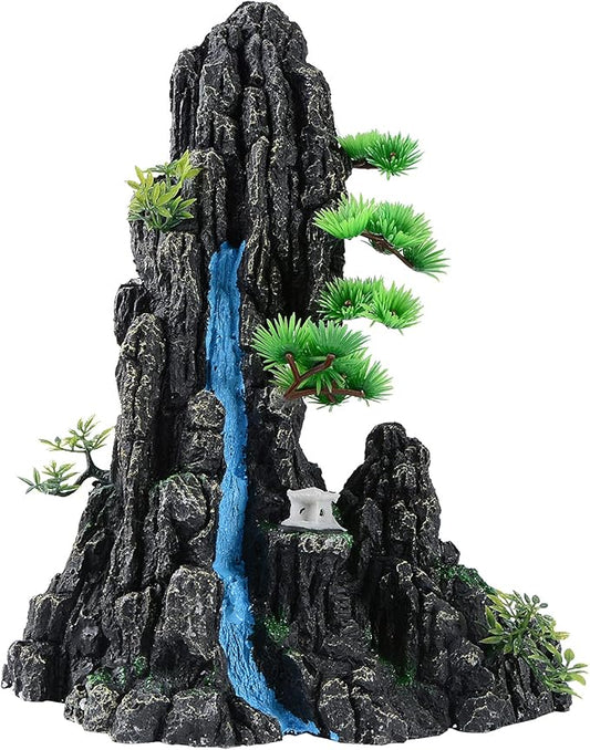 Large and Tall Fish Tank Decorations Aquarium L9.84x W6.14x H12.99inch, Resin Mountain View Aquarium Decor, Rock Thematic Ornaments with Tree & House for Betta Cichlid Goldfish Shrimp Playing Hiding