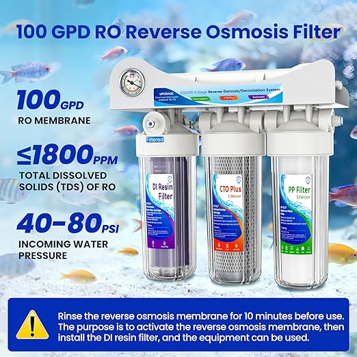 4 Stage Reverse Osmosis Deionization Water Fliter System, with Pressure Gauge and Deionization Water Filter, RO/DI Water Filtration System with Flushing Valve，100 GPD