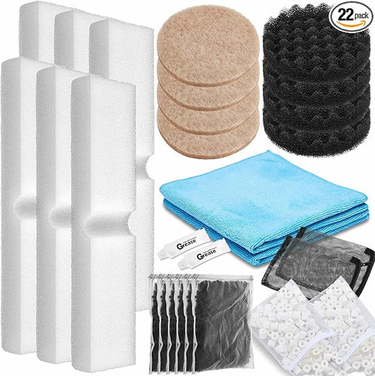 Threlaco 28 Pcs Aquarium Media Kit Compatible with Fluval Fx4/ Fx5/ Fx6 Filter, Carbon Foam Pad, Ammonia Remover Pads, Activated Carbon, Foam Block, Silicone Lube, Towels, Ceramic Ring, Mesh Bag