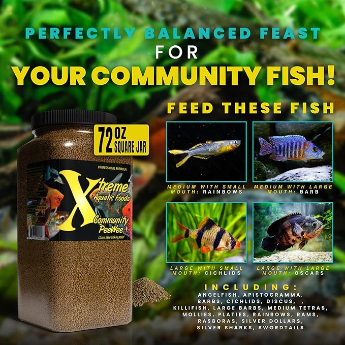 Xtreme Community Peewee 1.5mm Pellets: Slow Sinking & Ideal for Community Fish - Boosts Immune & Digestive Health, Enhances Color & Energy, Max Protein Fish Food – USA Farm Grown (72oz)