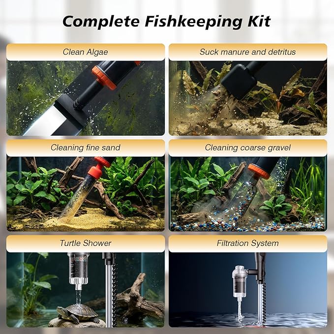 AKKEE Aquarium Vacuum Gravel Cleaner Handle Control, 8 in 1 Multifunctional 36W Electric Fish Tank Cleaner Vacuum for Automatic Water Change, Wash Sand, Water Circulation and Timed Off