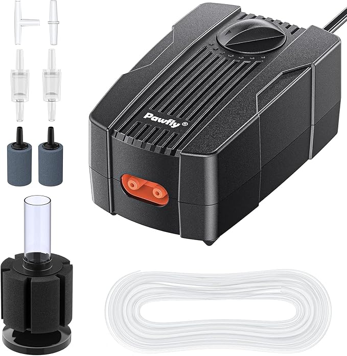 Pawfly 50 GPH Aquarium Air Pump for 10-60 Gallon Fish Tanks Dual Outlet Adjustable Ultra Quiet Aerator Pump with Airline Tubing, Air Stones Connectors, Check Valves and Nano Bio Sponge Filter